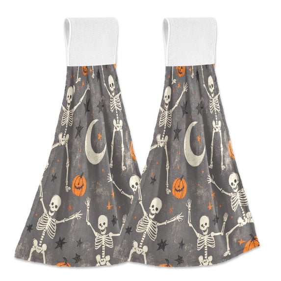 Yayeee Kitchen Hanging Hand Towels Set of 2 with Loop Bathroom Absorbent Tie Towel, Gray Halloween Skeleton