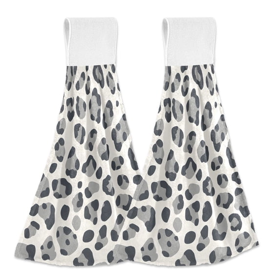 Yayeee Kitchen Hanging Hand Towels Set of 2 with Loop Bathroom Absorbent Tie Towel, Gray Leopard Pattern