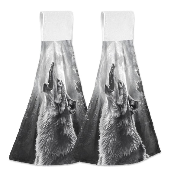 Yayeee Kitchen Hanging Hand Towels Set of 2 with Loop Bathroom Absorbent Tie Towel, Gray Wolf Pattern