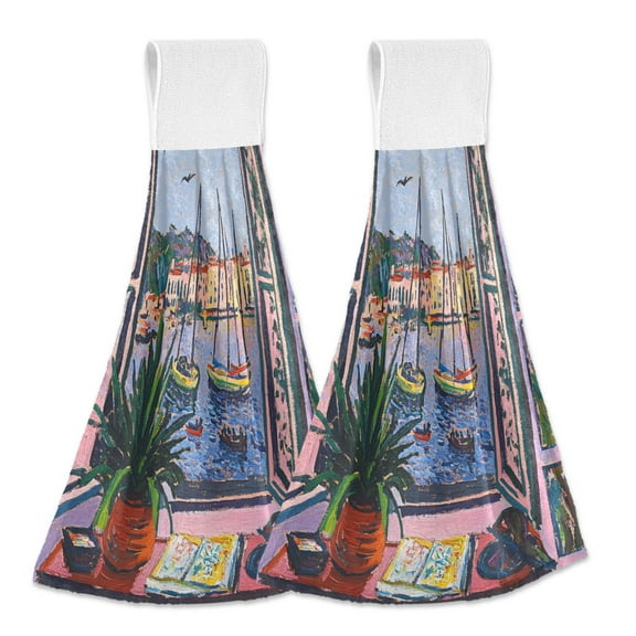 Yayeee Kitchen Hanging Hand Towels Set of 2 with Loop Bathroom Absorbent Tie Towel, Green Boat