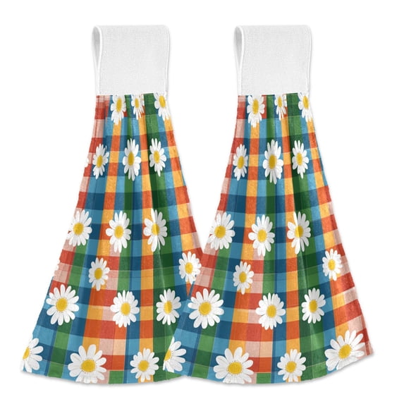 Yayeee Kitchen Hanging Hand Towels Set of 2 with Loop Bathroom Absorbent Tie Towel, Green Checkered Daisy