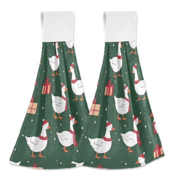 Yayeee Kitchen Hanging Hand Towels Set of 2 with Loop Bathroom Absorbent Tie Towel, Green Christmas Goose Pattern