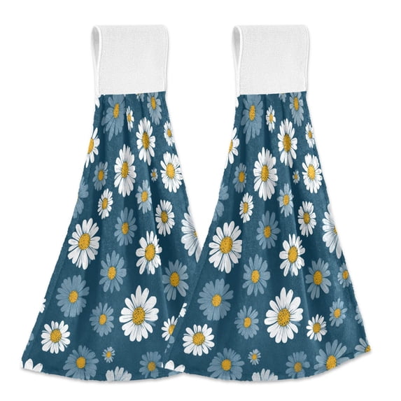 Yayeee Kitchen Hanging Hand Towels Set of 2 with Loop Bathroom Absorbent Tie Towel, Green Daisy Pattern