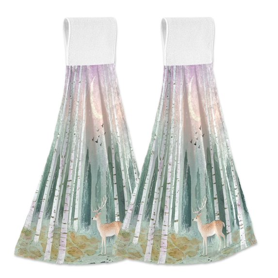 Yayeee Kitchen Hanging Hand Towels Set of 2 with Loop Bathroom Absorbent Tie Towel, Green Deer
