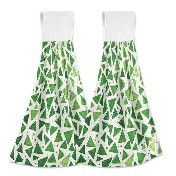 Yayeee Kitchen Hanging Hand Towels Set of 2 with Loop Bathroom Absorbent Tie Towel, Green Dot Triangles Pattern