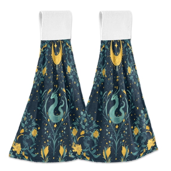 Yayeee Kitchen Hanging Hand Towels Set of 2 with Loop Bathroom Absorbent Tie Towel, Green Dragon Flowers