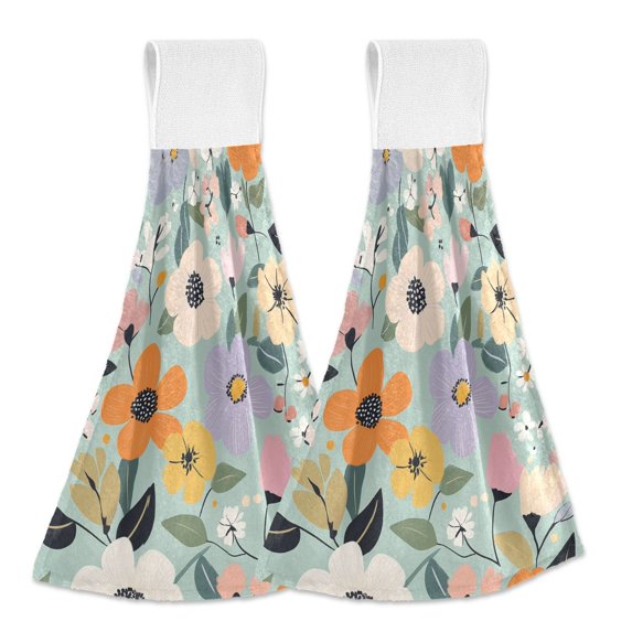 Yayeee Kitchen Hanging Hand Towels Set of 2 with Loop Bathroom Absorbent Tie Towel, Green Floral Pattern
