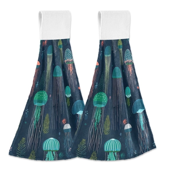 Yayeee Kitchen Hanging Hand Towels Set of 2 with Loop Bathroom Absorbent Tie Towel, Green Jellyfish Pattern