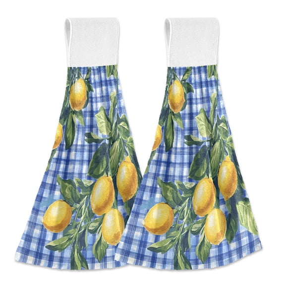 Yayeee Kitchen Hanging Hand Towels Set of 2 with Loop Bathroom Absorbent Tie Towel, Green Lemon Plaid