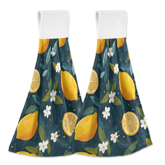 Yayeee Kitchen Hanging Hand Towels Set of 2 with Loop Bathroom Absorbent Tie Towel, Green Lemons