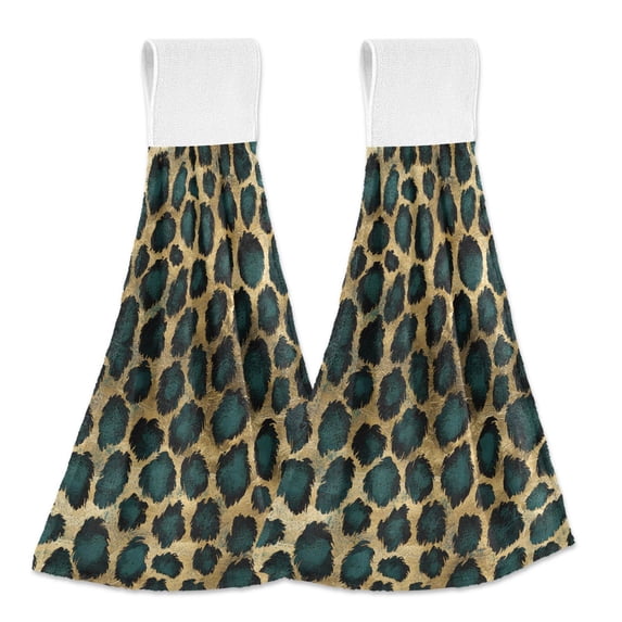 Yayeee Kitchen Hanging Hand Towels Set of 2 with Loop Bathroom Absorbent Tie Towel, Green Leopard Pattern