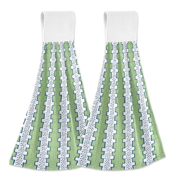 Yayeee Kitchen Hanging Hand Towels Set of 2 with Loop Bathroom Absorbent Tie Towel, Green Stripe Pattern
