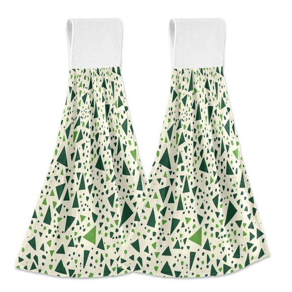 Yayeee Kitchen Hanging Hand Towels Set of 2 with Loop Bathroom Absorbent Tie Towel, Green Triangles Pattern