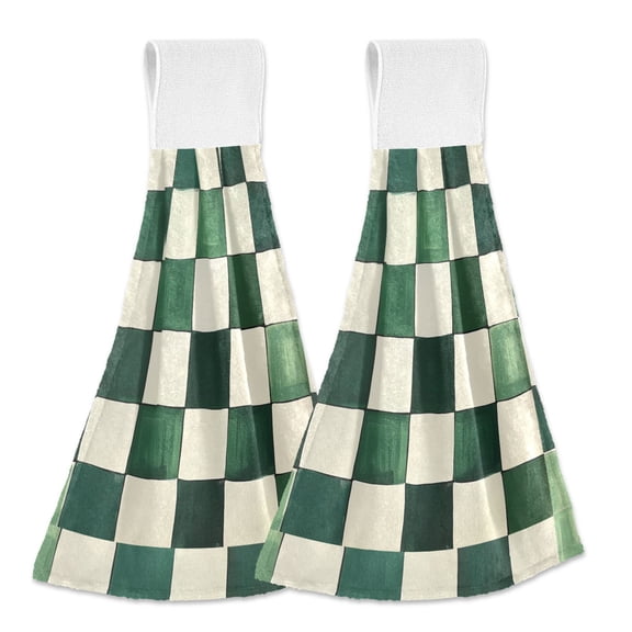 Yayeee Kitchen Hanging Hand Towels Set of 2 with Loop Bathroom Absorbent Tie Towel, Green and White Plaid Pattern