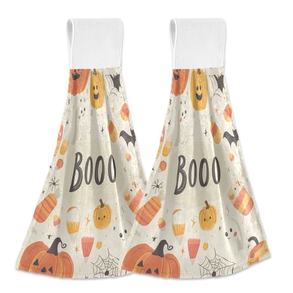 Yayeee Kitchen Hanging Hand Towels Set of 2 with Loop Bathroom Absorbent Tie Towel, Halloween Cute Pumpkins