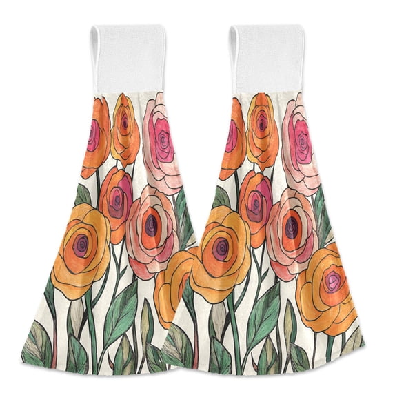 Yayeee Kitchen Hanging Hand Towels Set of 2 with Loop Bathroom Absorbent Tie Towel, Hand Drawn Floral