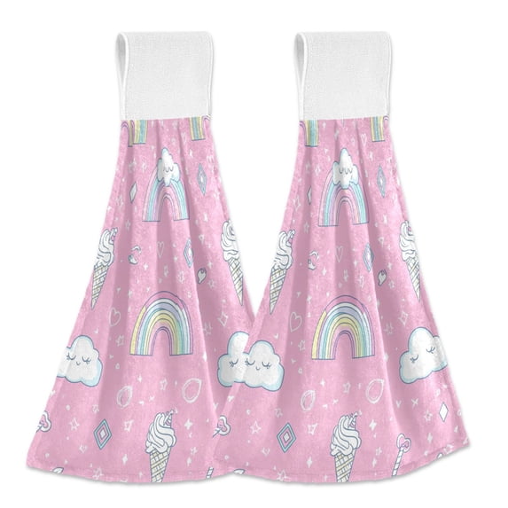 Yayeee Kitchen Hanging Hand Towels Set of 2 with Loop Bathroom Absorbent Tie Towel, Ice Cream Rainbow Pattern