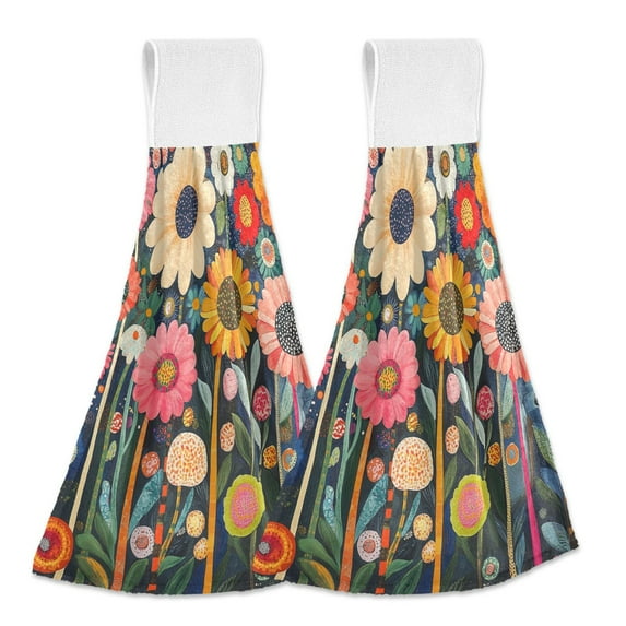 Yayeee Kitchen Hanging Hand Towels Set of 2 with Loop Bathroom Absorbent Tie Towel, Large Colorful Flowers
