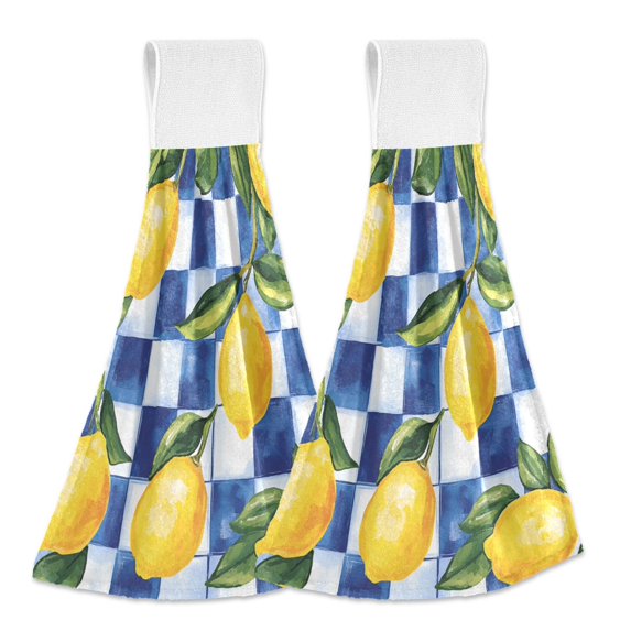 Yayeee Kitchen Hanging Hand Towels Set of 2 with Loop Bathroom Absorbent Tie Towel, Lemon Checkered