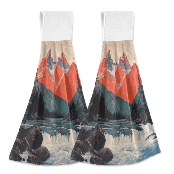 Yayeee Kitchen Hanging Hand Towels Set of 2 with Loop Bathroom Absorbent Tie Towel, Mountains at Dawn