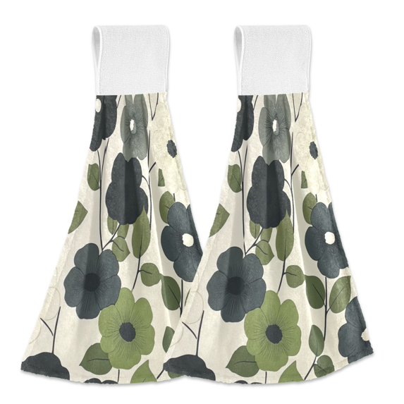 Yayeee Kitchen Hanging Hand Towels Set of 2 with Loop Bathroom Absorbent Tie Towel, Navy Flower