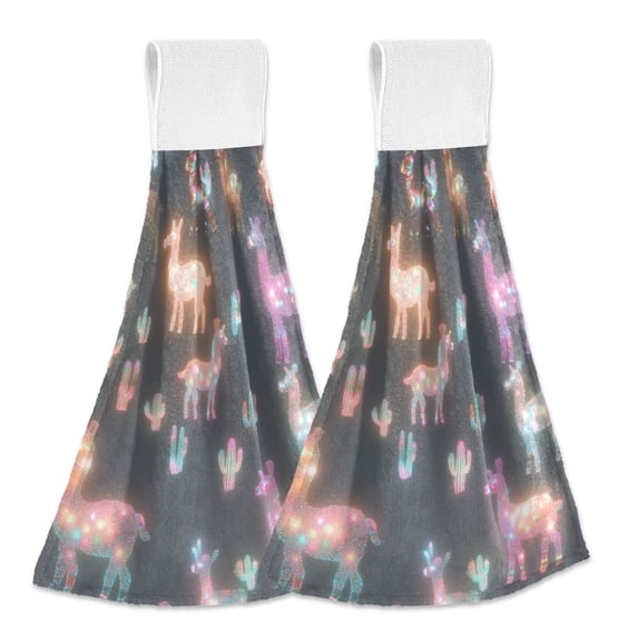Yayeee Kitchen Hanging Hand Towels Set of 2 with Loop Bathroom Absorbent Tie Towel, Neon Llamas Pattern
