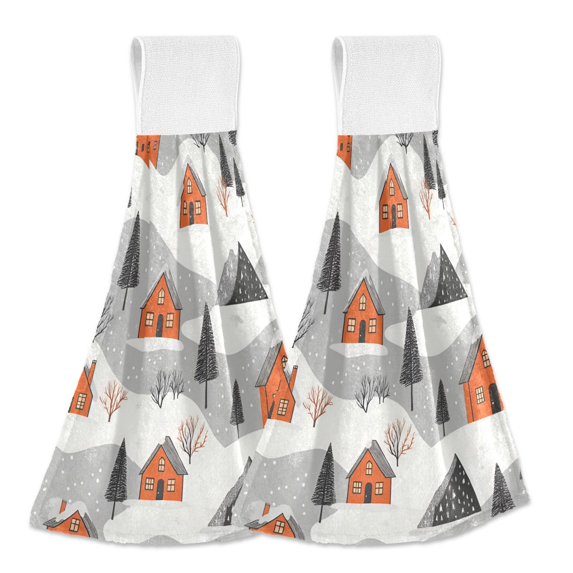 Yayeee Kitchen Hanging Hand Towels Set of 2 with Loop Bathroom Absorbent Tie Towel, Orange Cartoon Houses