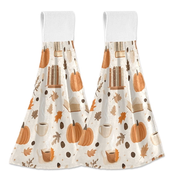 Yayeee Kitchen Hanging Hand Towels Set of 2 with Loop Bathroom Absorbent Tie Towel, Orange Fall Pumpkin
