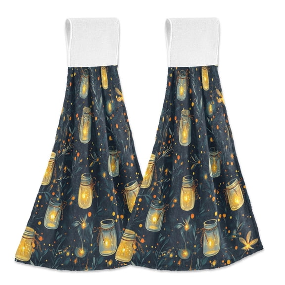 Yayeee Kitchen Hanging Hand Towels Set of 2 with Loop Bathroom Absorbent Tie Towel, Orange Fireflies Pattern