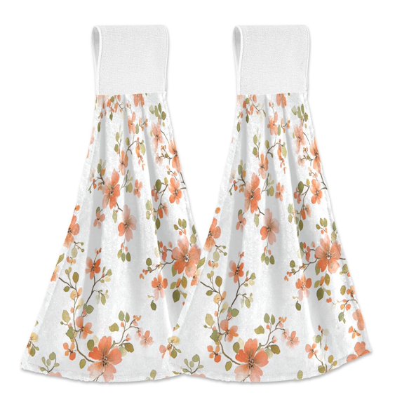 Yayeee Kitchen Hanging Hand Towels Set of 2 with Loop Bathroom Absorbent Tie Towel, Orange Floral Blooms