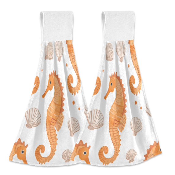 Yayeee Kitchen Hanging Hand Towels Set of 2 with Loop Bathroom Absorbent Tie Towel, Orange Seahorse