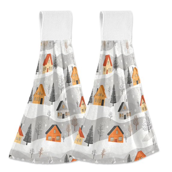 Yayeee Kitchen Hanging Hand Towels Set of 2 with Loop Bathroom Absorbent Tie Towel, Orange Snow Houses