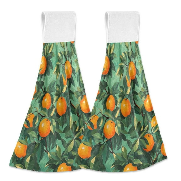 Yayeee Kitchen Hanging Hand Towels Set of 2 with Loop Bathroom Absorbent Tie Towel, Orange Tree Pattern