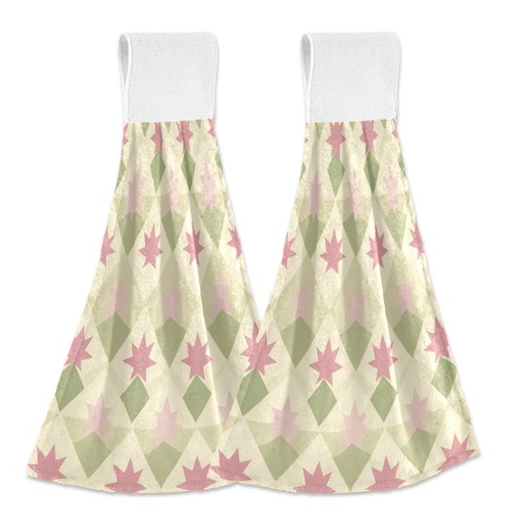 Yayeee Kitchen Hanging Hand Towels Set of 2 with Loop Bathroom Absorbent Tie Towel, Pastel Green Geometric