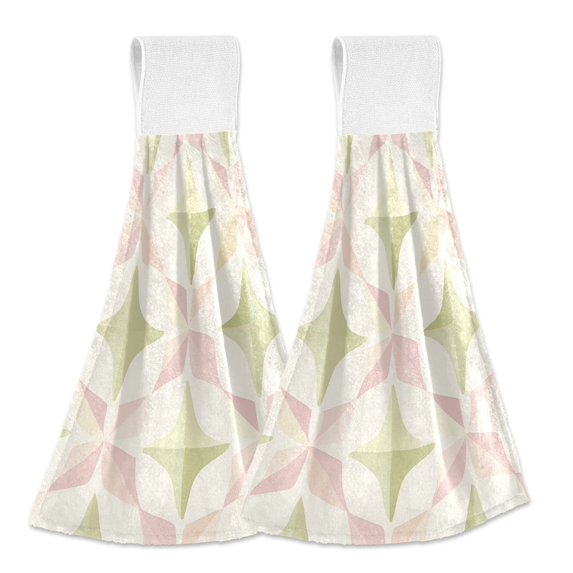 Yayeee Kitchen Hanging Hand Towels Set of 2 with Loop Bathroom Absorbent Tie Towel, Pastel Pink Geometric