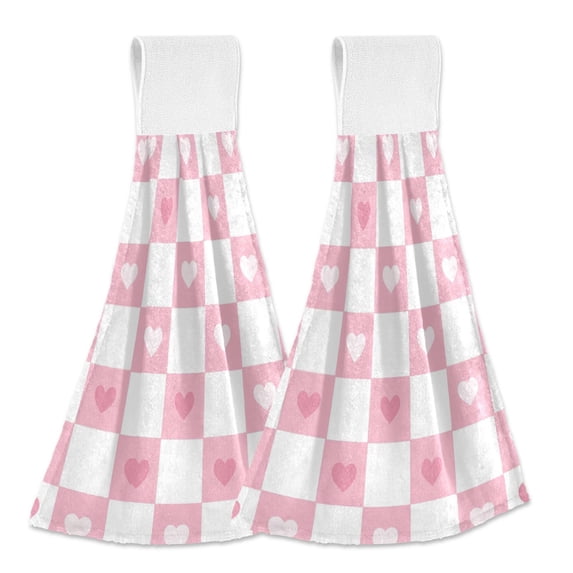 Yayeee Kitchen Hanging Hand Towels Set of 2 with Loop Bathroom Absorbent Tie Towel, Pink Checkered Heart