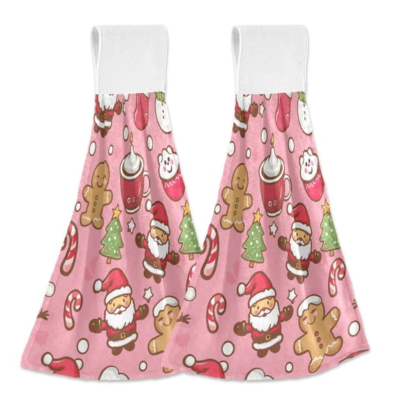 Yayeee Kitchen Hanging Hand Towels Set of 2 with Loop Bathroom Absorbent Tie Towel, Pink Christmas Cartoon Pattern