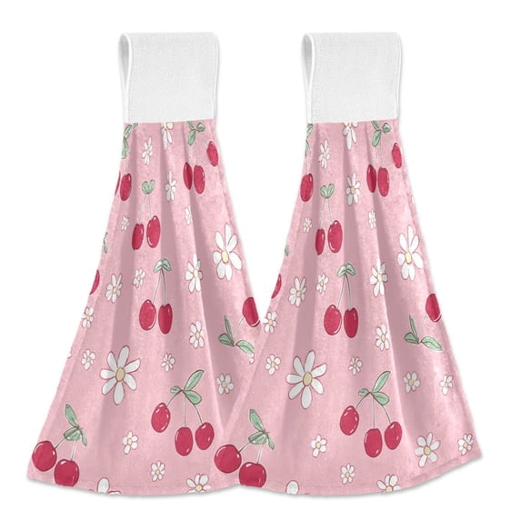 Yayeee Kitchen Hanging Hand Towels Set of 2 with Loop Bathroom Absorbent Tie Towel, Pink Cute Cherry Pattern