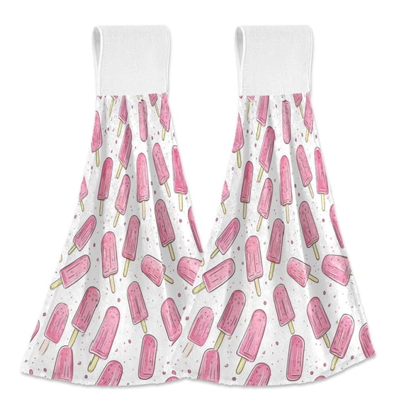 Yayeee Kitchen Hanging Hand Towels Set of 2 with Loop Bathroom Absorbent Tie Towel, Pink Popsicle Pattern