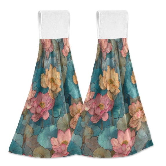 Yayeee Kitchen Hanging Hand Towels Set of 2 with Loop Bathroom Absorbent Tie Towel, Pink Water Lilies Pattern