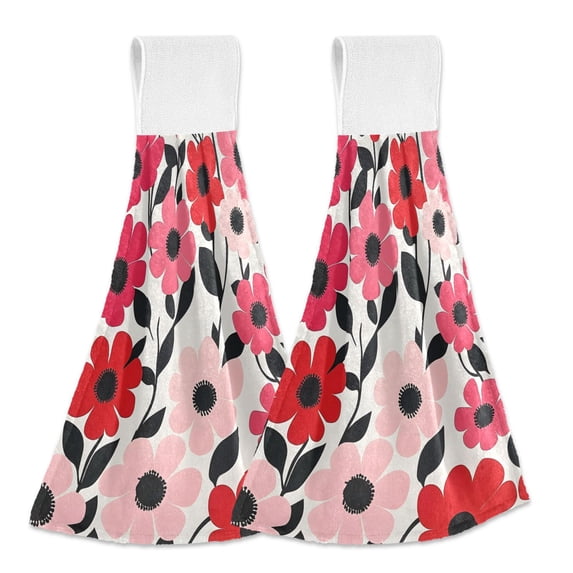 Yayeee Kitchen Hanging Hand Towels Set of 2 with Loop Bathroom Absorbent Tie Towel, Pink and Red Flowers