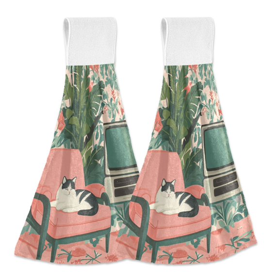 Yayeee Kitchen Hanging Hand Towels Set of 2 with Loop Bathroom Absorbent Tie Towel, Pink and White Cat