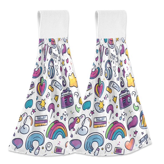 Yayeee Kitchen Hanging Hand Towels Set of 2 with Loop Bathroom Absorbent Tie Towel, Purple Doodle Pattern