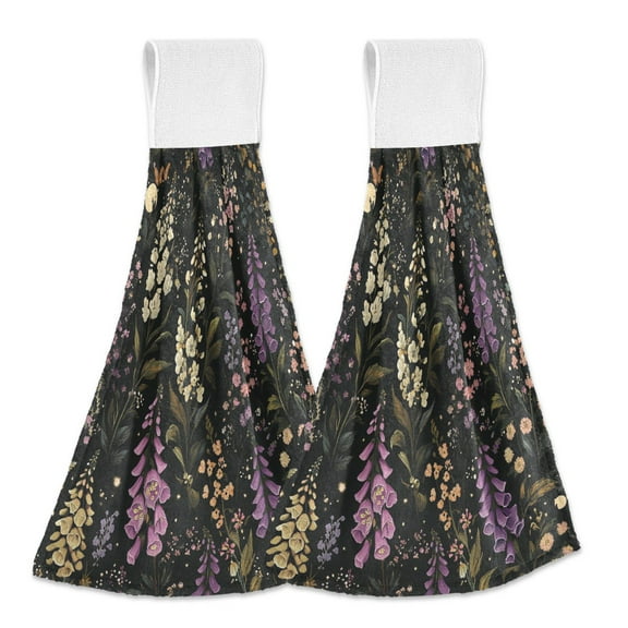 Yayeee Kitchen Hanging Hand Towels Set of 2 with Loop Bathroom Absorbent Tie Towel, Purple Floral Pattern