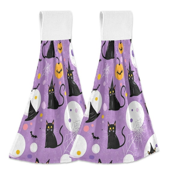 Yayeee Kitchen Hanging Hand Towels Set of 2 with Loop Bathroom Absorbent Tie Towel, Purple Halloween Pattern