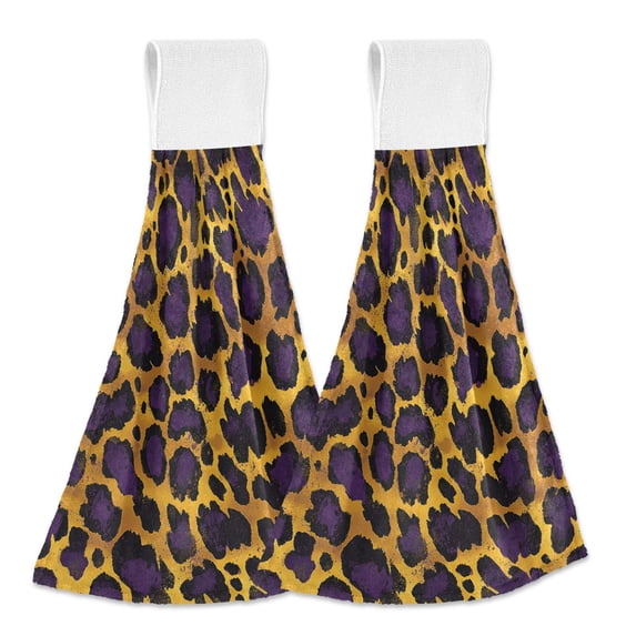 Yayeee Kitchen Hanging Hand Towels Set of 2 with Loop Bathroom Absorbent Tie Towel, Purple Leopard Pattern