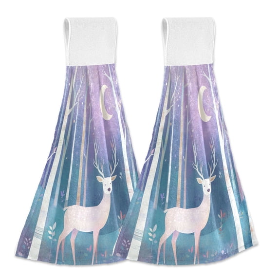 Yayeee Kitchen Hanging Hand Towels Set of 2 with Loop Bathroom Absorbent Tie Towel, Purple Night Deer