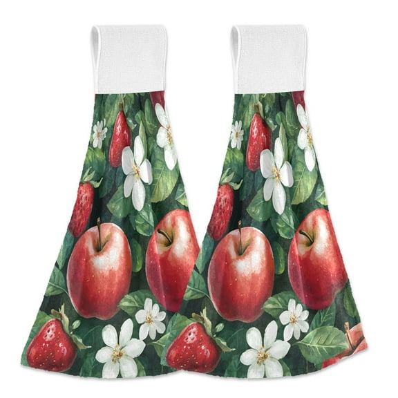 Yayeee Kitchen Hanging Hand Towels Set of 2 with Loop Bathroom Absorbent Tie Towel, Red Apple Pattern