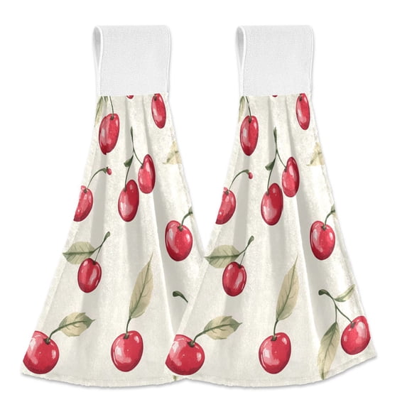 Yayeee Kitchen Hanging Hand Towels Set of 2 with Loop Bathroom Absorbent Tie Towel, Red Cherry