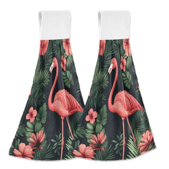 Yayeee Kitchen Hanging Hand Towels Set of 2 with Loop Bathroom Absorbent Tie Towel, Red Flamingo Pattern
